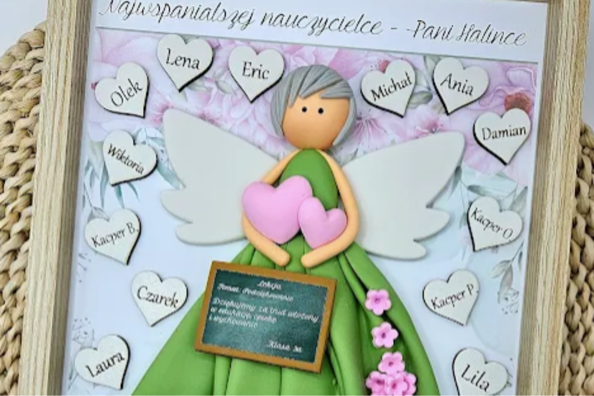 Anioł w ramce dla nauczycielki, podziękowania dla nauczyciela na koniec roku szkolnego