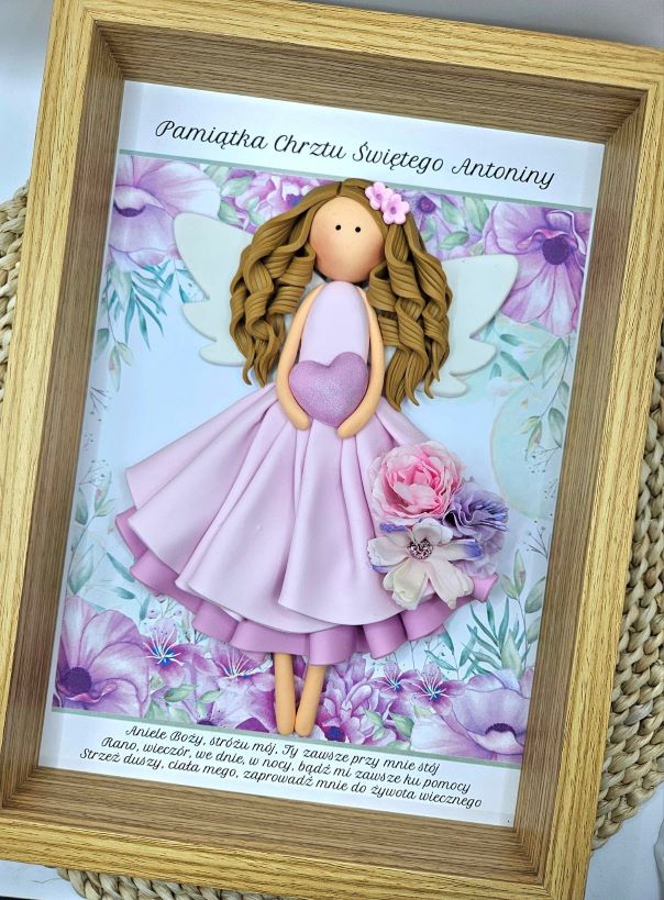 anioł stróż w głębokiej ramce za szybką, wyjątkowy prezent dla dziewczynki