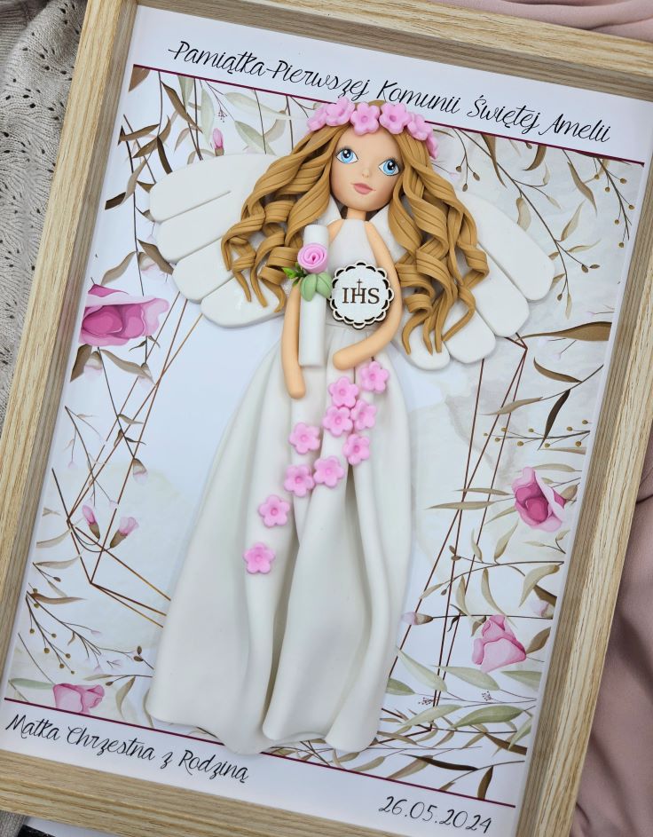 Wyjątkowa pamiątka pierwszej komunii świętej dla dziewczynki, obrazek z aniołem stróżem