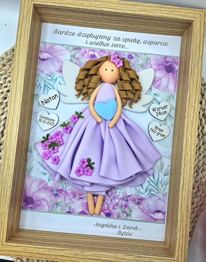 prezent metryczka na chrzest dla dziewczynki, aniołek stróż