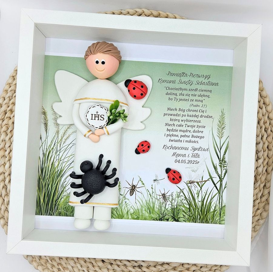 Aniołek z pająkiem. Oryginalny prezent na komunię.